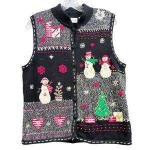 Vintage Erika Womens Ugly Christmas Sweater‎ Vest Snowman Tree Hearts Knit M